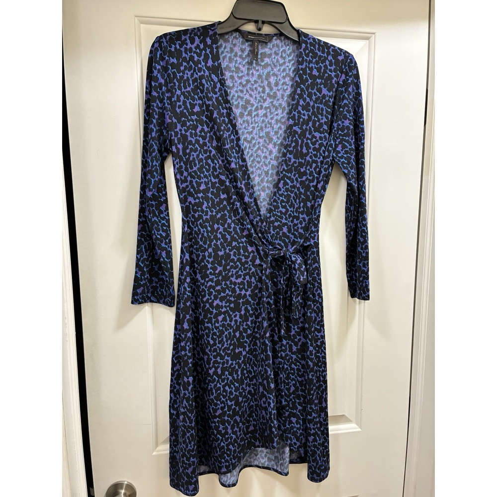 BCBG MAXAZRIA Adele Wrap Dress Small Blue Purple Leopard Animal Print Midi
